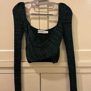Green and Black Crossover Ribbed Knit Top